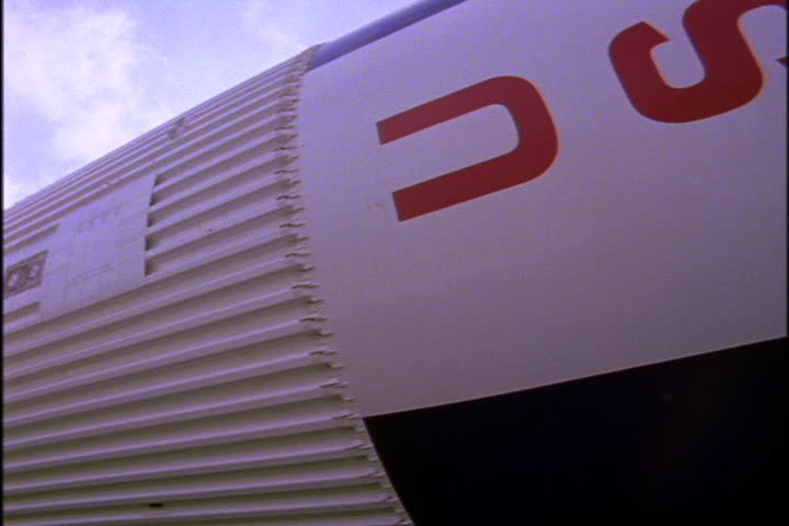 JOHNSON SPACE CENTER, HOUSTON, TEXAS - APRIL 28, 1999: USA sign painted on mid section of retired Saturn rocket