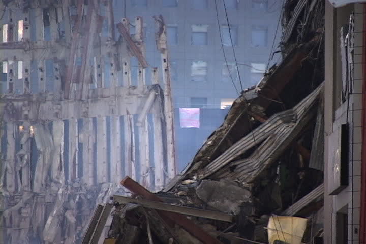 NEW YORK CITY - SEPTEMBER 28, 2001: World Trade Center rubble with smoke rising.