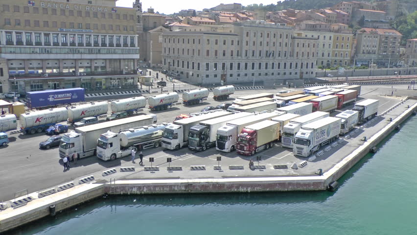 ANCONA,ITALY - APRIL 25 2013:Lorries lined up ready to board a Ferry in the port of Ancona on April 25 2013 in Ancona Italy