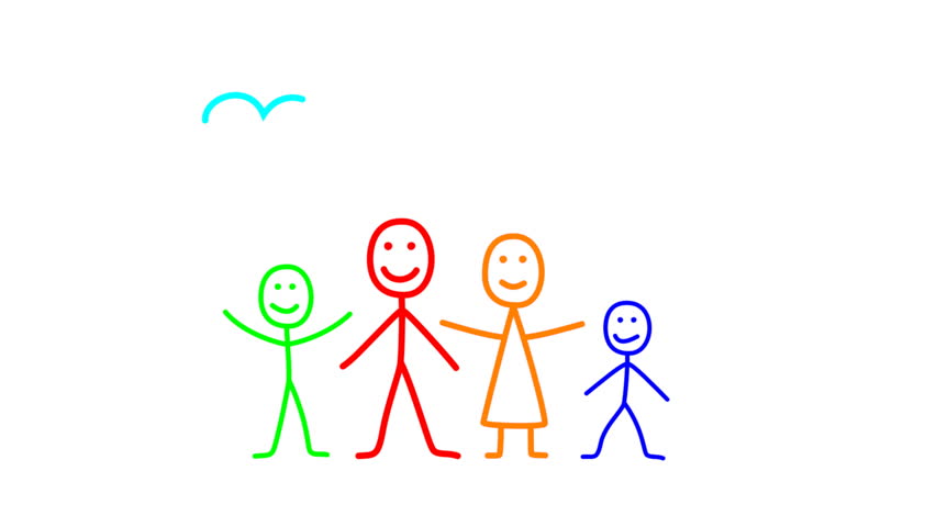 Animation of drawing family - father, mother and children isolated on white background