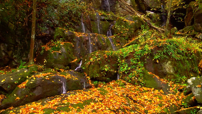 Water runs through the crevices in rocks in this autumn mountain scene