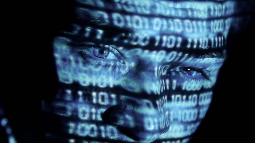 ID theft looking at the camera with binary codes reflections and animations
