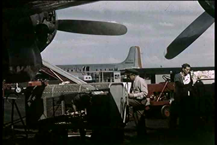 1950s - Customs inspectors inspect passengers at an airport after a plane has landed.
