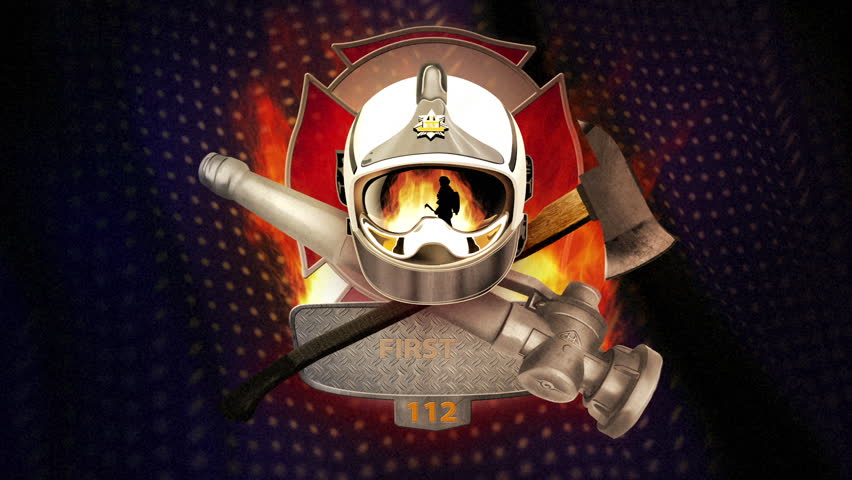 Short intro for fire fighters videos with white bar for typing in the name of department. Helmet, streamline, axe and maltese cross with flames on blue waving background. CG graphics.