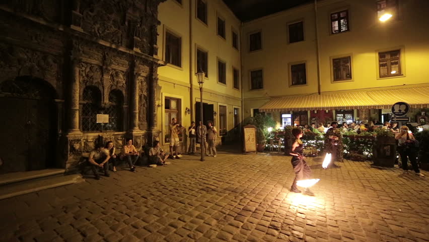 LVIV, UKRAINE - MAY 5 2013: Street fire show. 09.05.2013. Lviv, Ukraine