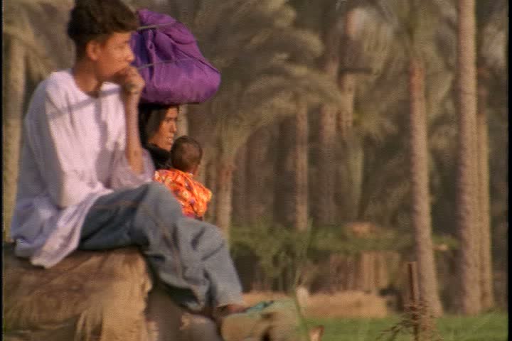 EGYPT - MAY 19, 1999: Exterior shots taken around farm in Nubian village; MS woman with big purple bundle on her head carries child across field.