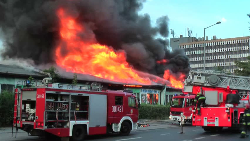 WROCLAW, POLAND - MAY 04, 2008: Firefighters are putting out big fire in the city, May 04, 2008 in Wroclaw, Poland