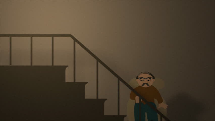 A cartoon man sits in a slowly moving stairlift. He begins to fall asleep, but is repeatedly woken as the stairlift suddenly moves. Finally the man loses his slippers as he whizzes out of view.