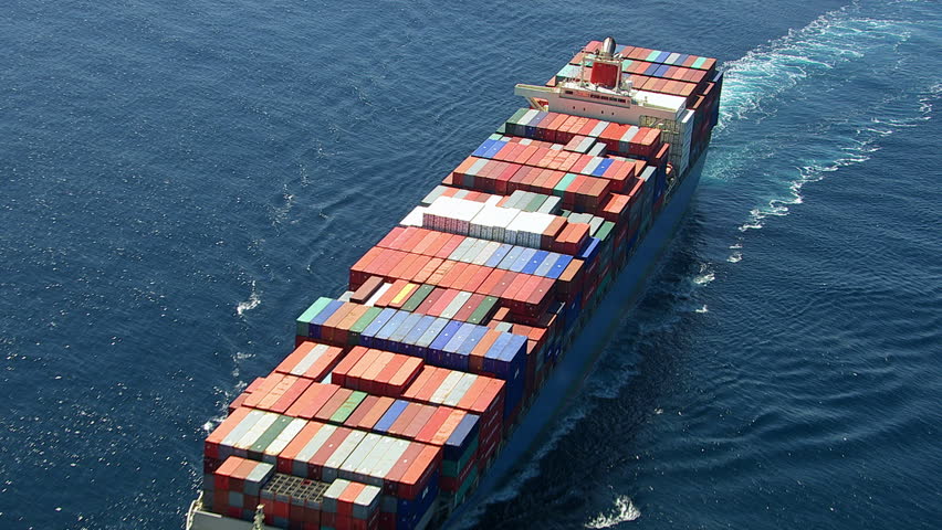 Aerial shot of container ship in ocean