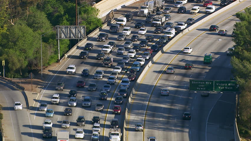 Aerial view of rush hour traffic on busy freeway
