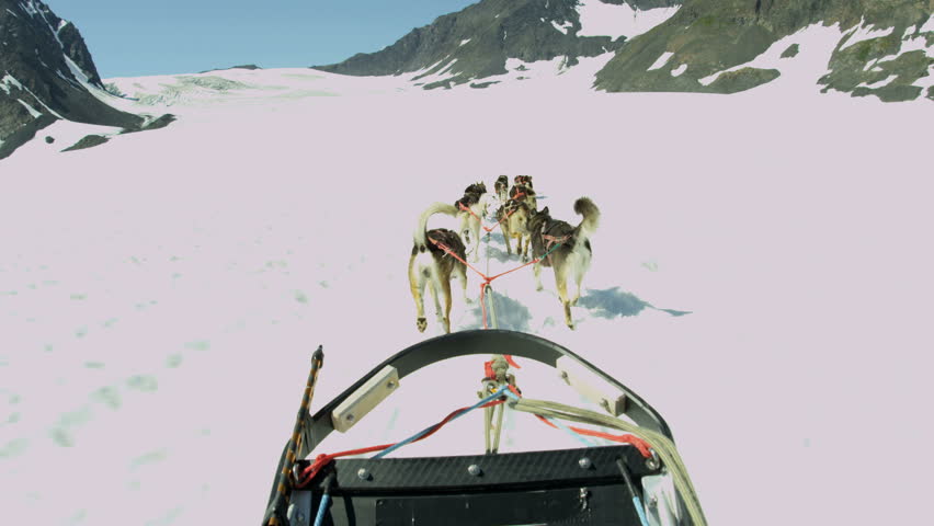 POV of husky dog team traversing snow covered high mountain plateau, Alaska, USA, RED EPIC, 4K, UHD, Ultra HD resolution