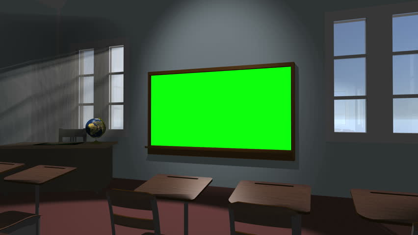 Animation of a one room schoolhouse, dolly across desks while centering on a  key-green "chalkboard,"  ready for customized graphics or video.
