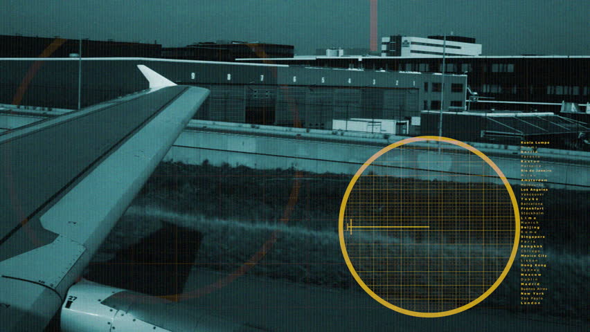 a plane arrives at its docking in zurich airport, with overlayed aviation related motion graphics