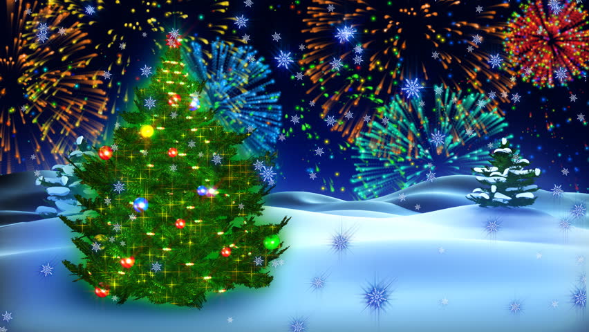 The fur-tree decorated with New Year's toys rotates against a night winter landscape 
