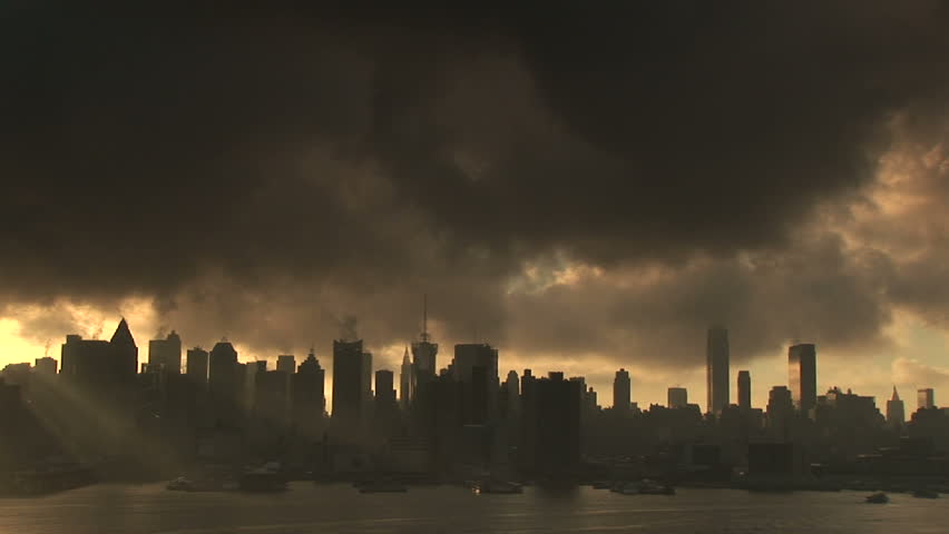 A steamy morning looking over the New York City Skyline. Dark and moody with fast moving clouds