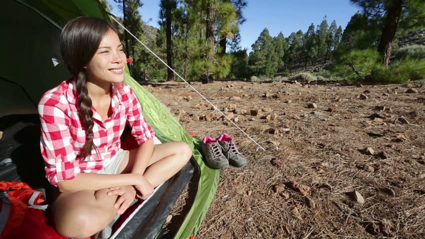 Tablet Pc Camping Girl Taking Selfie Photo Selfportrait At Campsite In Tent In Forest 