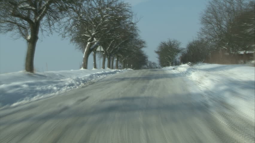 Abstract Driving on winter snowy road with alley of bare trees. Fast motion.