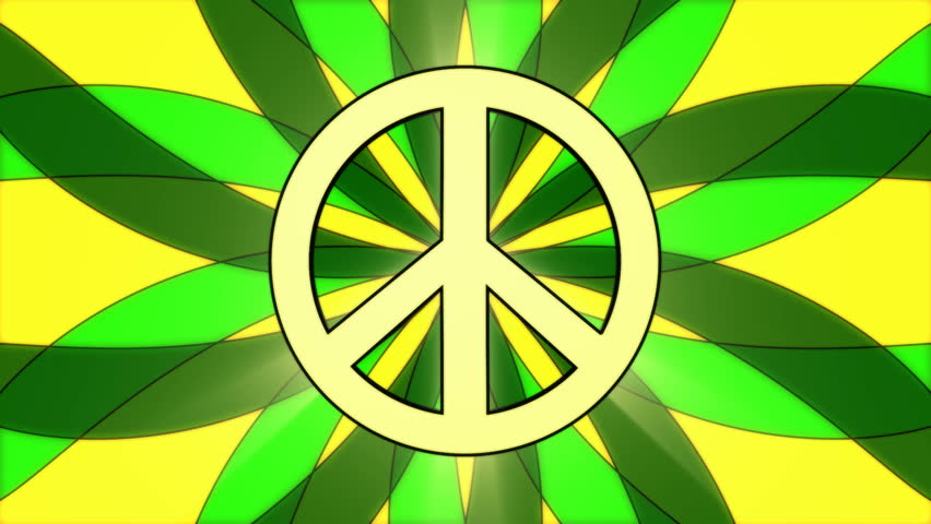Rotating peace sign, with looping multicolored abstract flower background. Perfect and smooth looping. Rendered in progressive full frames.