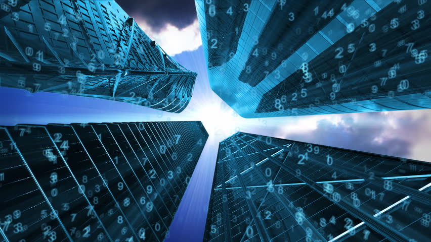Office buildings and time lapse clouds and numbers, loop
