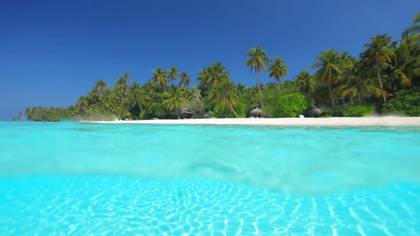 reflections on sand underwater with island and palm trees 