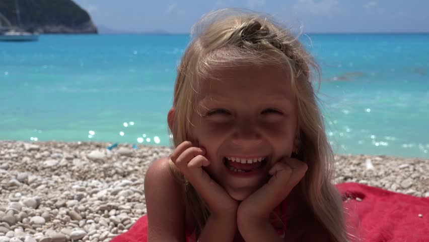4K Portrait Happy Smiling Little Girl On Beach In Lefkada 