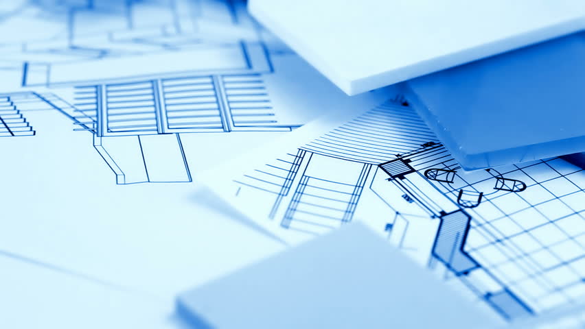 samples of architectural materials - plastics, Metric Folding ruler and architectural drawings of the modern house