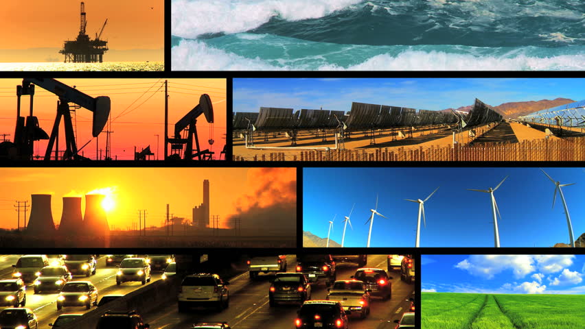 Montage collection showing environmental pollution from fossil fuels & clean renewable energy sources