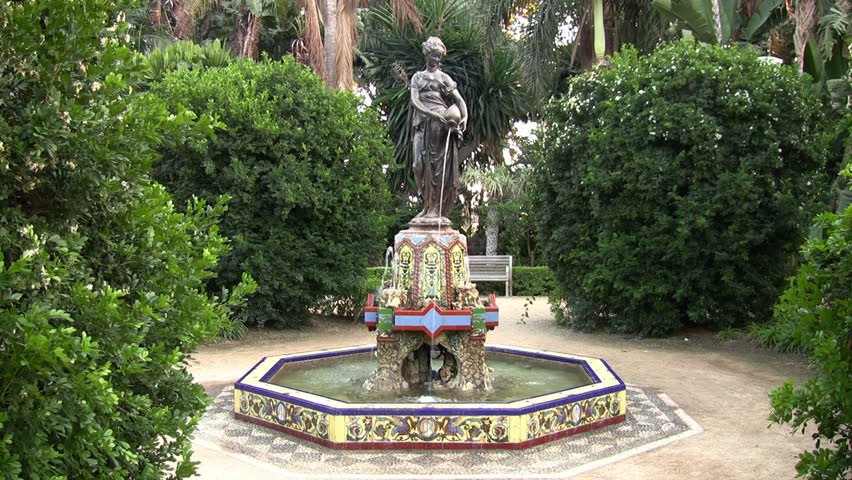 Fountain "La Ninfa del Cantaro" at a public park in Malaga, Spain, tiled in typical andalusian style (1080i, Can. HV30).