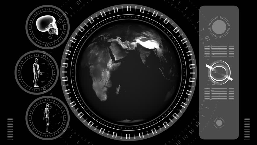 Earth Scan Screen - Hi-tech 21 (HD) -  Geographical, technological, medical, scientific, sci-fi, crime or hi-tech background. Screen with spinning Earth and spinning rings. Loop-able.