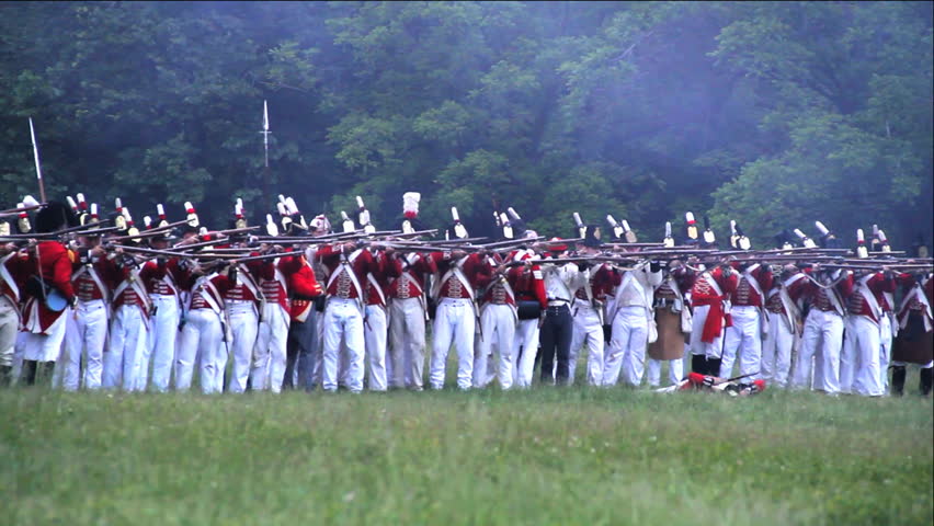STONEY CREEK, ON-JUNE 4: British soldiers (redcoats) fire muskets during reenactment of the war of 1812 Battle of Stoney Creek, June 4, 2010 in Stoney Creek, ON, Canada