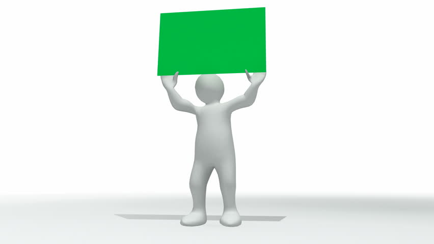 Animation showing 3d man with a green placard in his hands