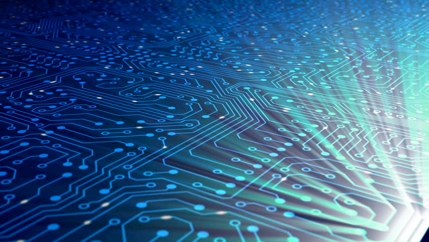 Data processing, CPU, Circuit board. Electrical particles flowing continuously to the main processor on a circuit board. Shiny effect with rays. CG 3D-Animation in HD 1080p.
