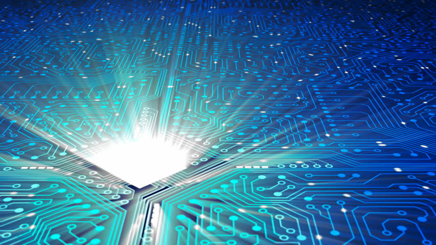 Data processing, CPU, Circuit board. Electrical particles flowing continuously to the main processor on a circuit board. Shiny effect with rays. CG 3D-Animation in HD 1080p.

