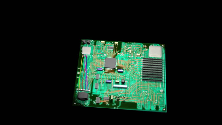 Fanciful fly-through animation of a semiconductor on a printed circuit board (16:9)