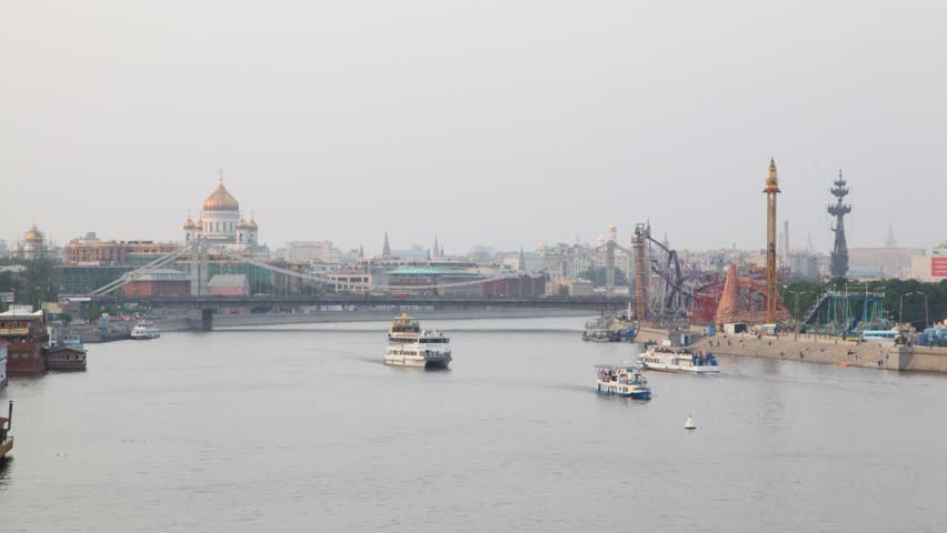 View of the river and city , the Cathedral of Christ The Savior, The Crimean bridge, Moscow, Russia. Time lapse. 