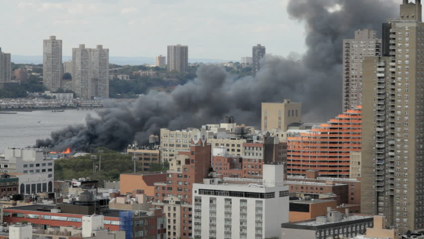 Building On Fire With Smoke In Manhattan New York City By River ...