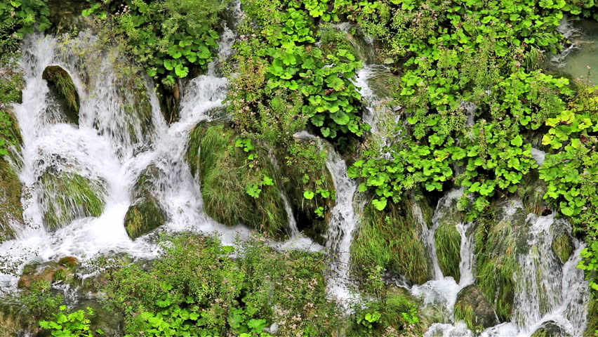 Water cascade flowing through grassy rocks