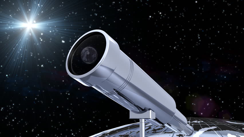 Computer-rendered animation for natural science or astronomy with astronomical telescope. 