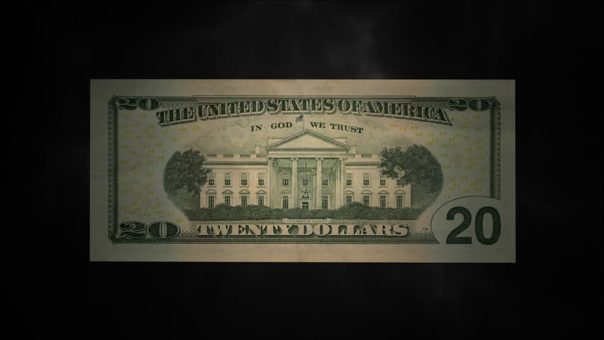 US Twenty Dollar Bills fall down into one that is burning up in flames