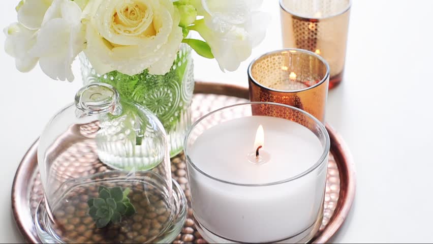 Bouquet Of White Flowers In A Vase, Candles On A Copper Tray Vintage ... Bouquet Of White Flowers In A Vase, Candles On A Copper Tray Vintage ...