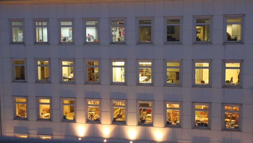 office building windows, night