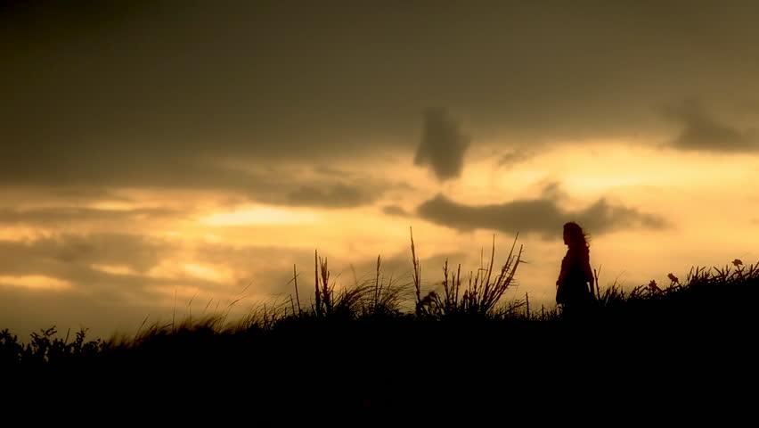 silhouette of a girl watching the sunset in a field. 