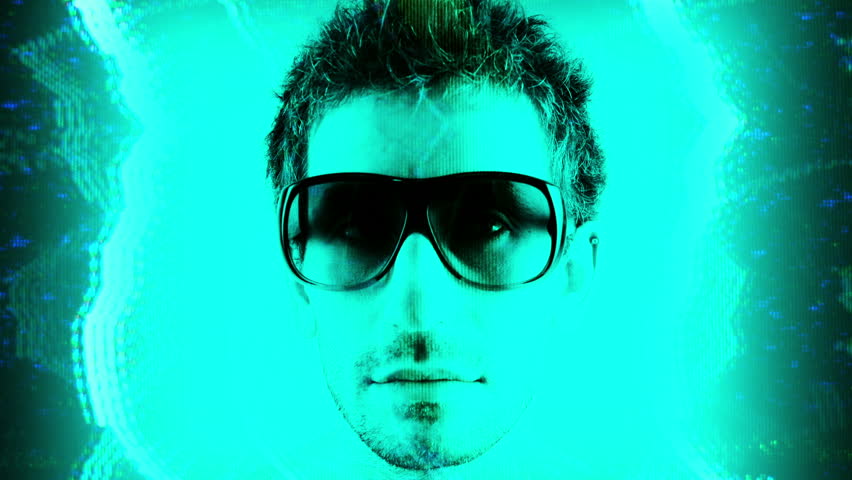 stop-motion of a man wearing different retro sunglasses, very club style with television static overlays