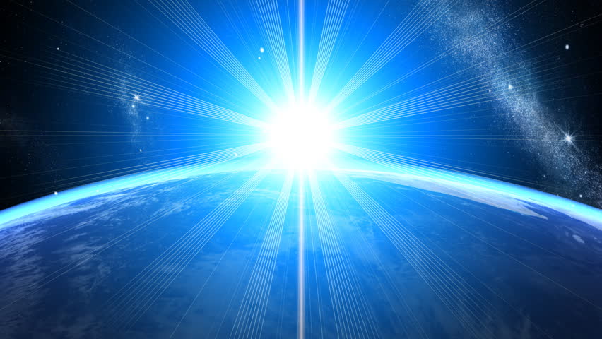 3d Earth Animation 27. Sunrise with shiny lighting effects, stars, clouds and atmosphere. High quality textures