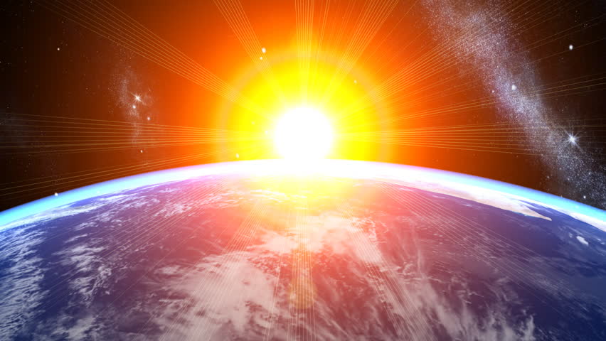 3d Earth Animation 26. Sunrise with shiny lighting effects, stars, clouds and atmosphere. High quality textures