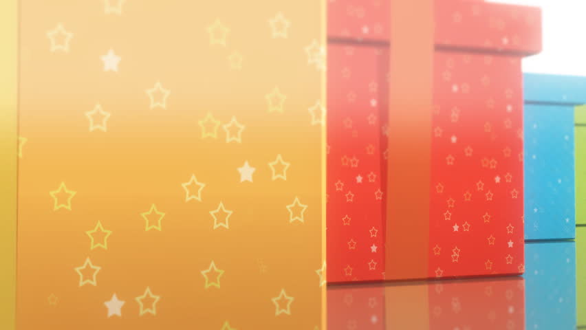 Camera moves across the 3D rendered gift boxes with fairy light background. 