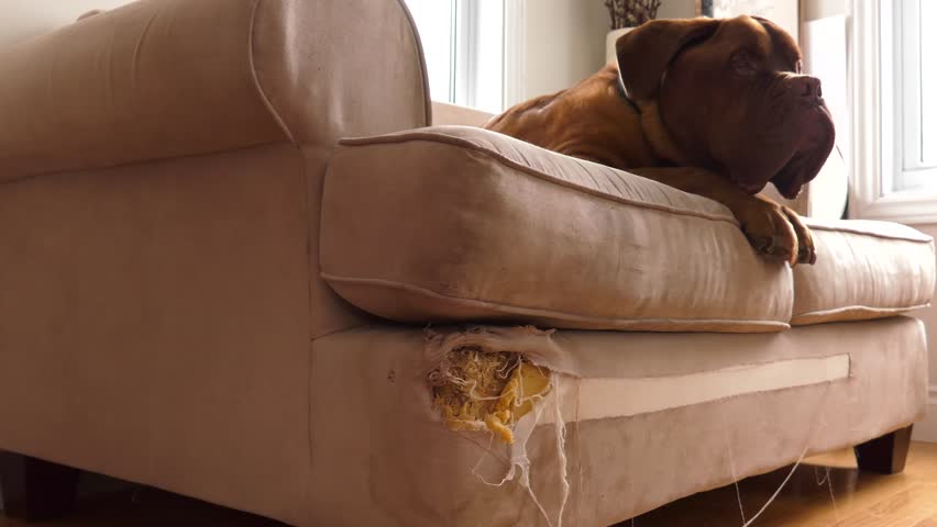 4k00 08bad Dogue De Bordeaux Laying On His Chewed Sofa