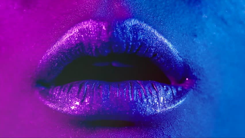 Lips kiss in neon UV lights. Beauty sexy model lips close-up, disco. Woman mouth closeup. Metallic lipstick. Purple and blue ultraviolet lights. Slow motion 4K UHD video