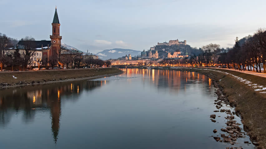  The fortress, Cathedral, and river at night in Salzburg, Austria image Bildidee 