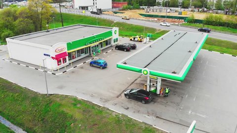Moscow - May 06, 2019 gas station in Moscow, BP gas station, shooting from above, 4k, summer.